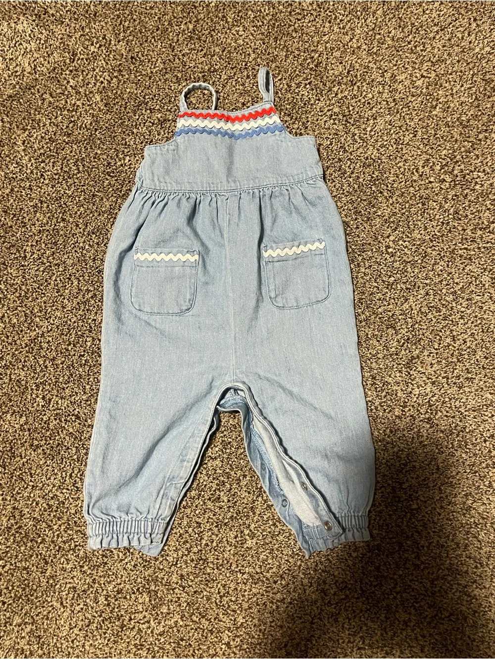 Old Navy Light Wash Denim Overalls with Red & Blue Trim